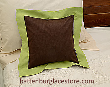 Pillow Sham 12" Square. BROWN with MACAW GREEN color border